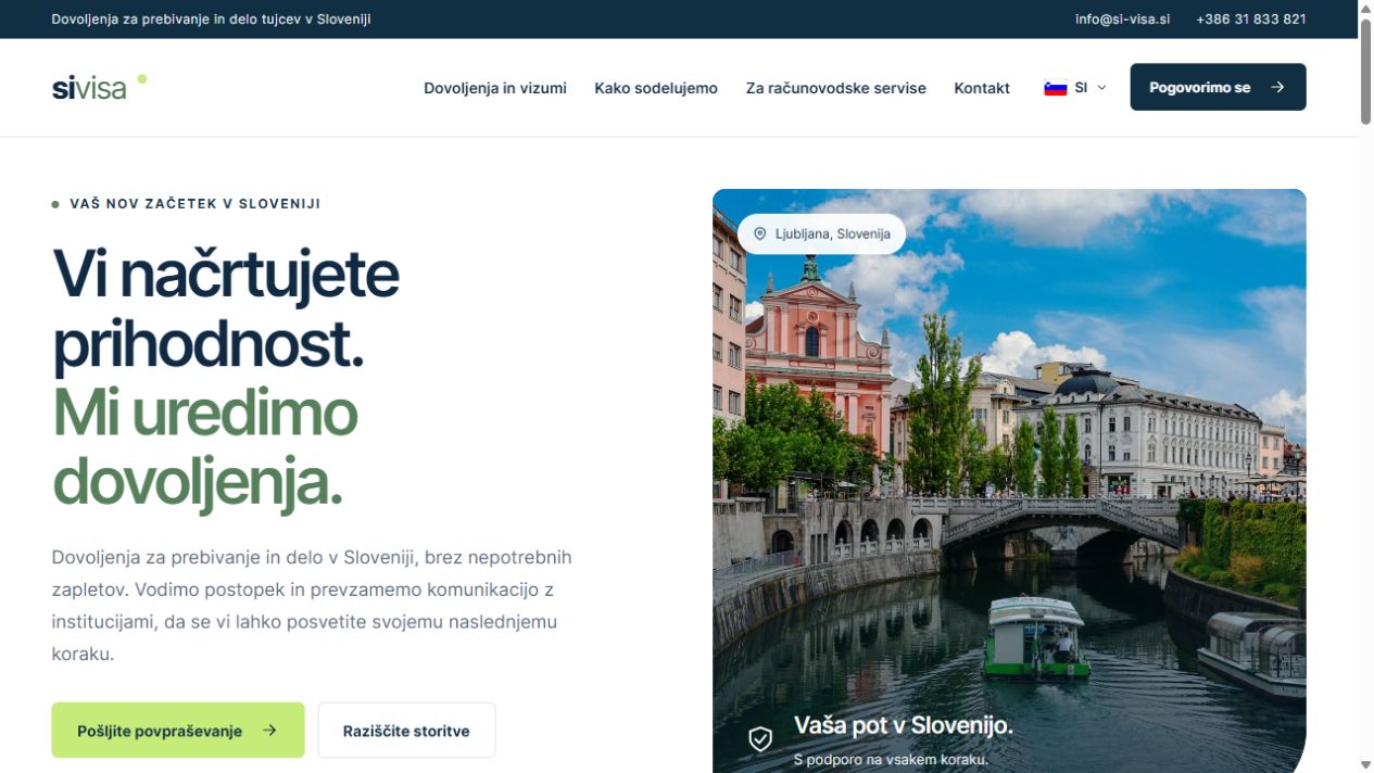 Spletna stran Si-Visa: dovoljenja za prebivanje in delo v Sloveniji, s fotografijo Ljubljane